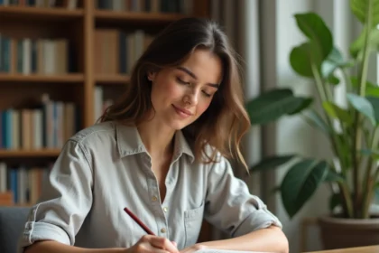 Jeune femme consultant un journal avec des prénoms écrits à la main pour tester une compatibilité amoureuse