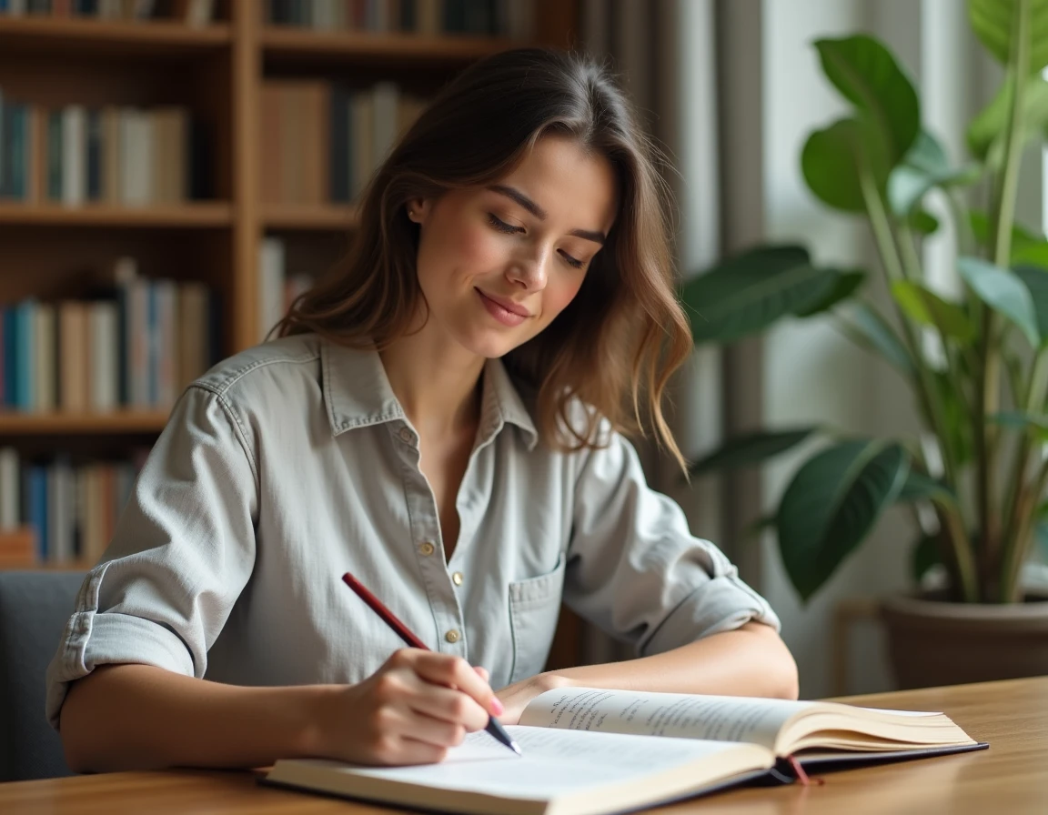 Jeune femme consultant un journal avec des prénoms écrits à la main pour tester une compatibilité amoureuse