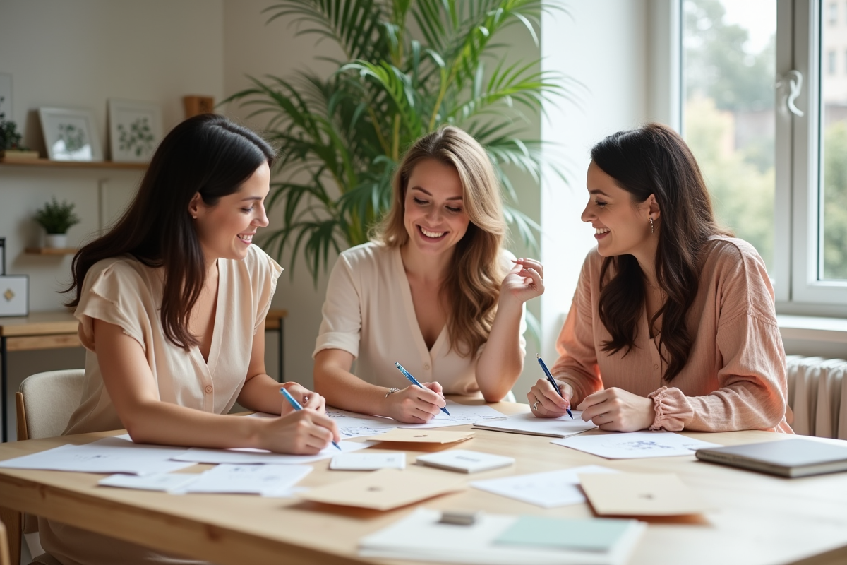 Trois femmes préparant des invitations de mariage en intérieur