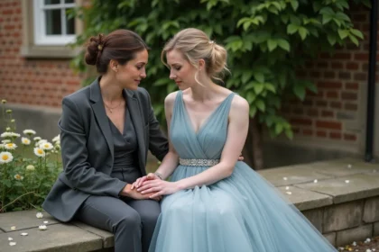 Deux femmes assises sur un banc lors d’un mariage