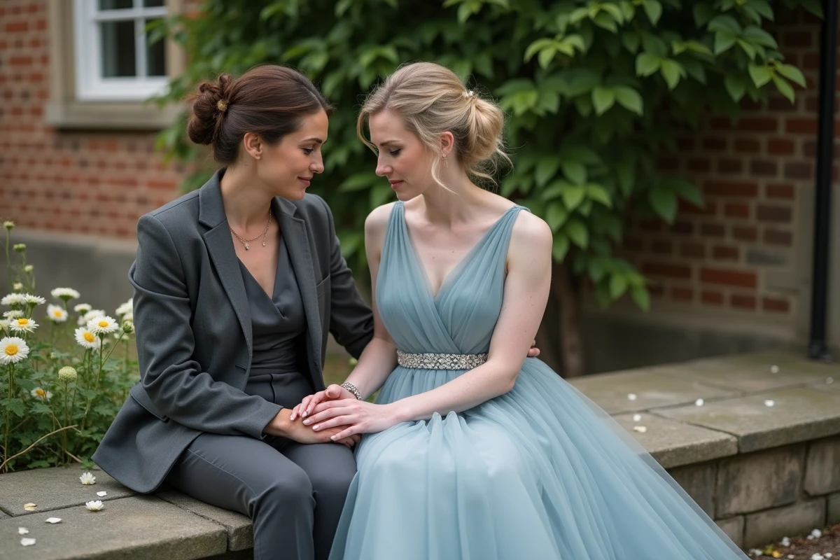 Deux femmes assises sur un banc lors d’un mariage