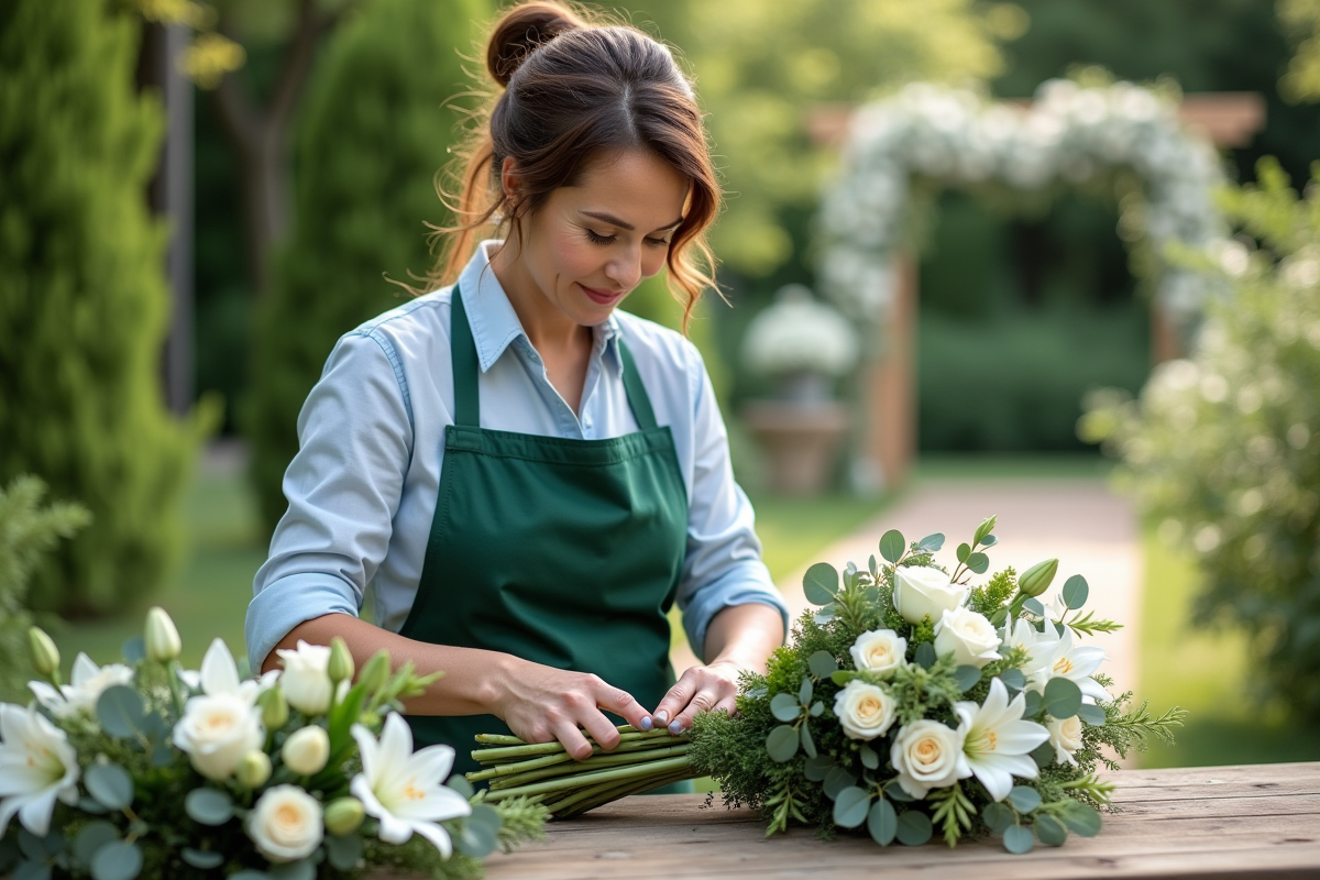 Fleuriste préparant un bouquet de mariage avec roses et eucalyptus