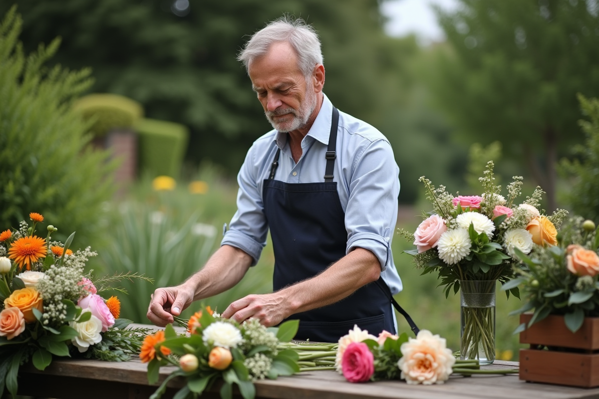 Fleuriste âgé arrangeant des fleurs dans un jardin