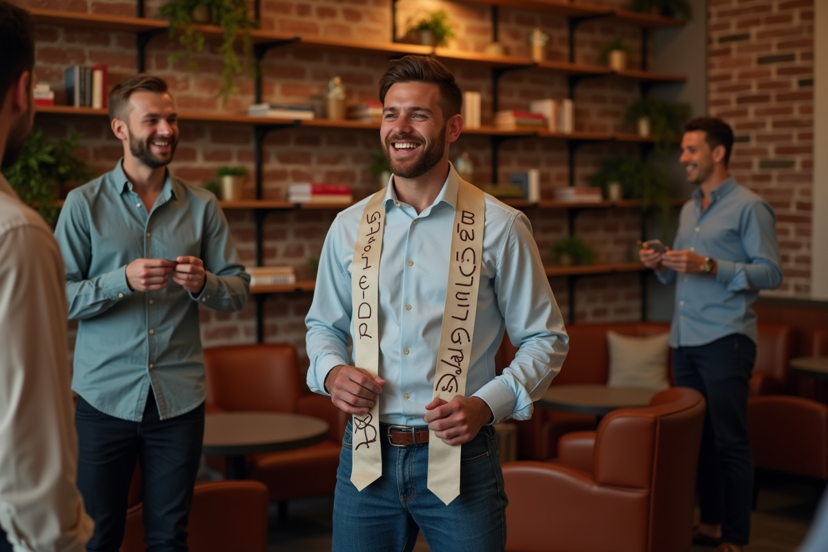 Jeune homme avec sash de mariage entre amis dans un salon
