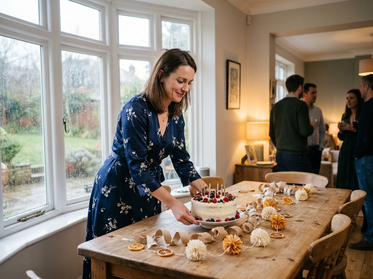 Femme arrangeant un gâteau d'anniversaire sur une table décorée à l'intérieur, avec la pluie visible à travers la fenêtre en arrière-plan