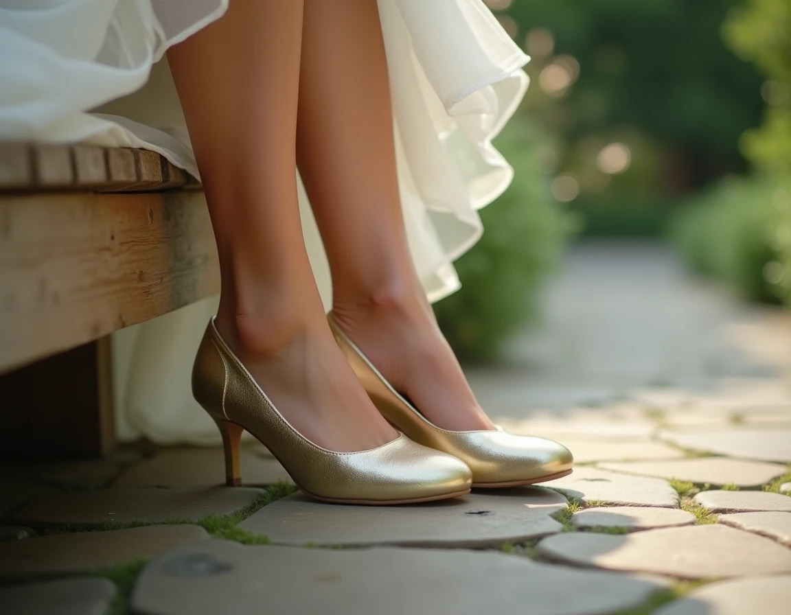 Gros plan sur les pieds d'une mariée portant des escarpins dorés rembourrés dans un jardin en plein air