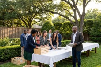 Groupe d'adultes préparant une réception en extérieur