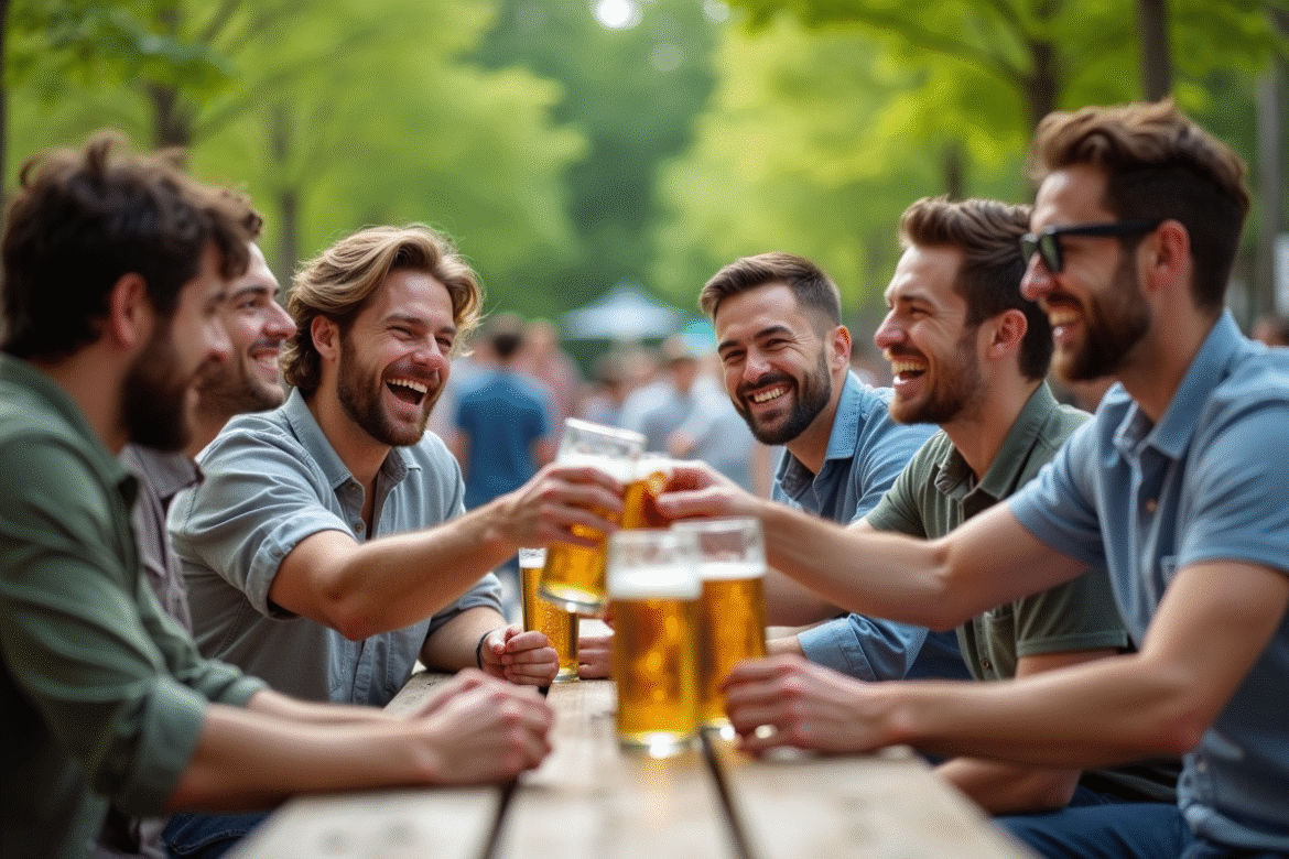 Groupe d'amis riant lors d'un pique-nique en ville