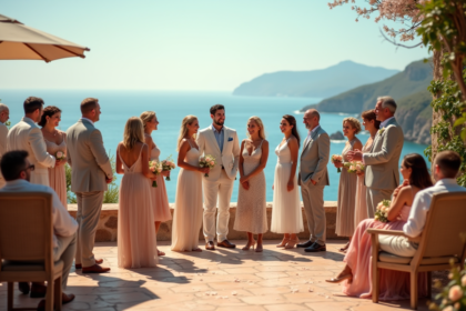 Groupe d'amis souriants en été sur une terrasse en bord de mer