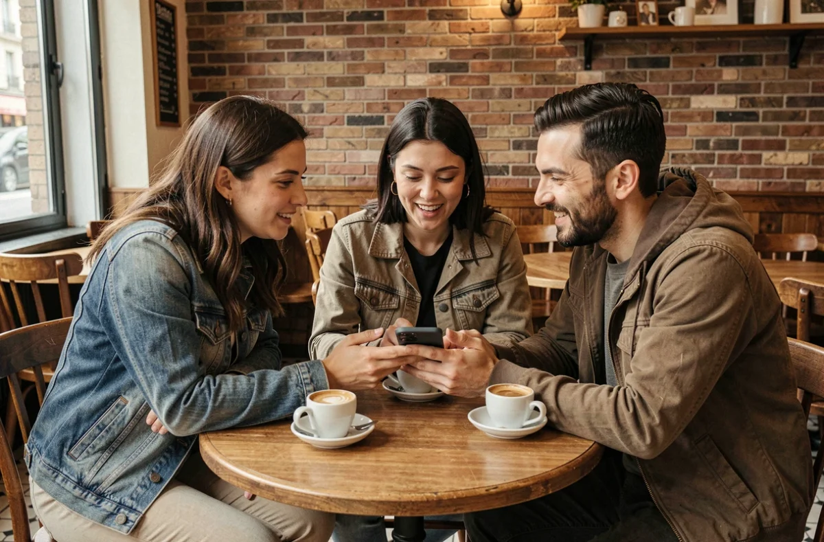 Groupe d'amis dans un café parisien réagissant à une information sur les réseaux sociaux, illustrant la viralité des rumeurs sur les personnalités médiatiques françaises