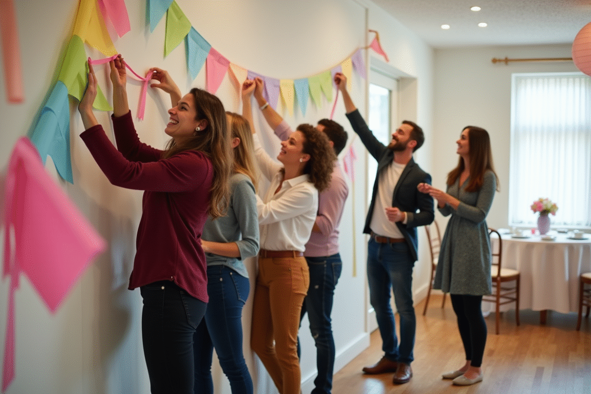 Groupe d'adultes divers décorant une salle festive