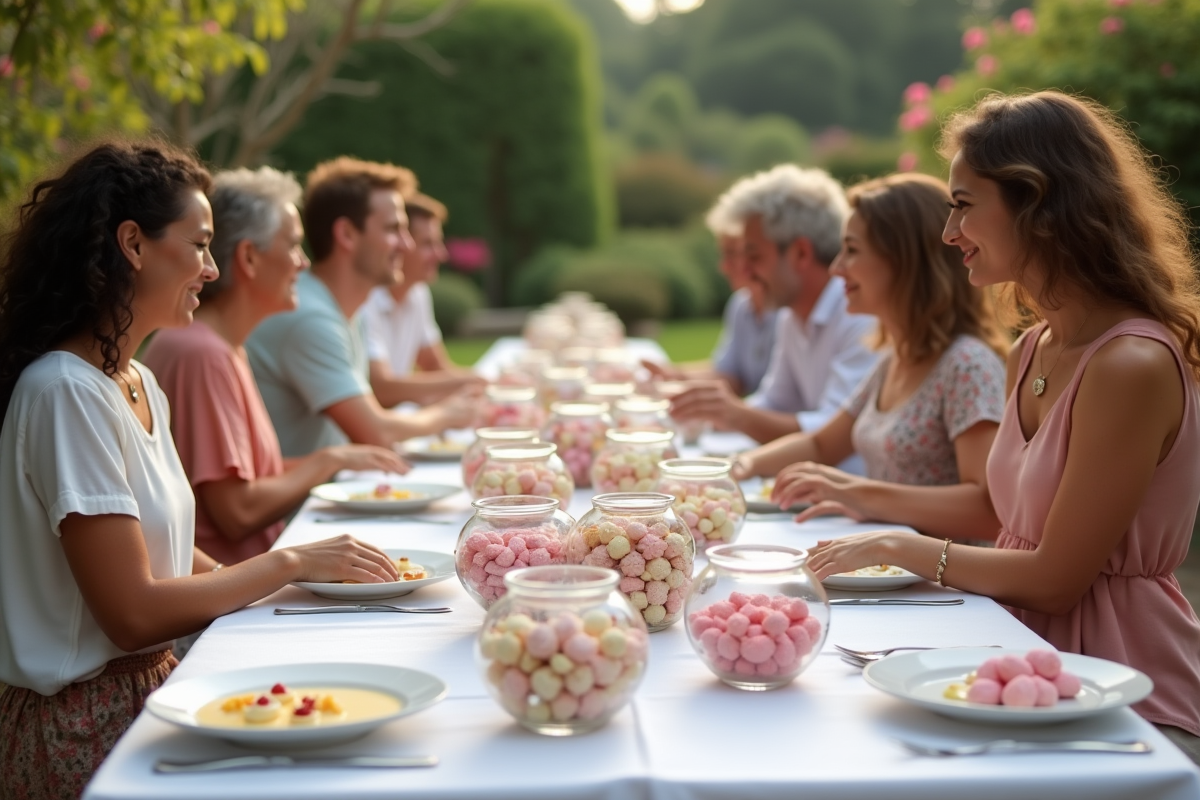 Groupe d adultes autour d une table avec dragées pastel en extérieur