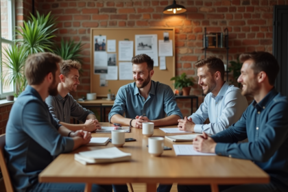 Groupe d'hommes discutant autour d'une table dans un appartement