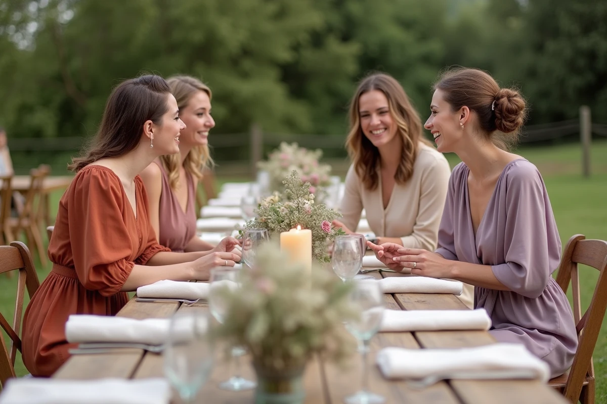 Groupe d'invitées en robes champêtres colorées autour d'une table de réception de mariage en plein air décorée de fleurs sauvages