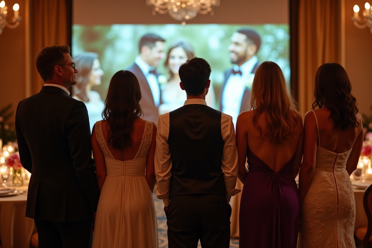 Cinq invités élégants regardant un diaporama lors d