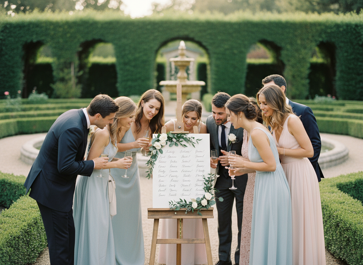 Groupe d invités admirant un plan de table décoré en extérieur