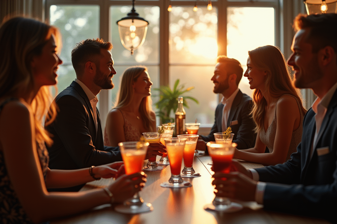 Groupe de personnes élégantes autour d'un cocktail avec horloge en fond