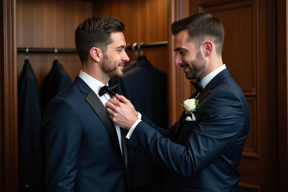 Un homme ajuste la cravate du marié dans une pièce élégante
