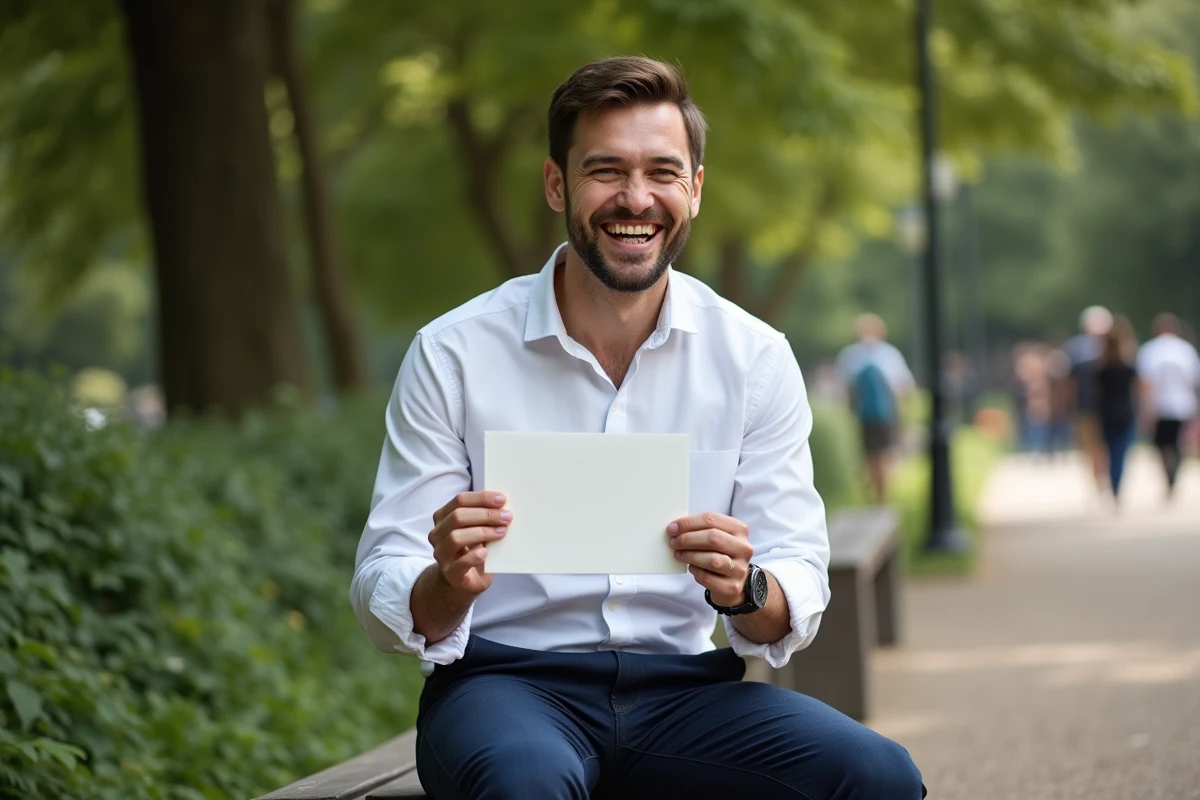 Homme souriant tenant une carte de félicitations de mariage drôle sur un banc de parc