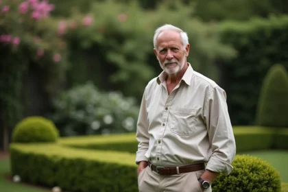 Homme d'âge moyen dans son jardin privé en portrait naturel