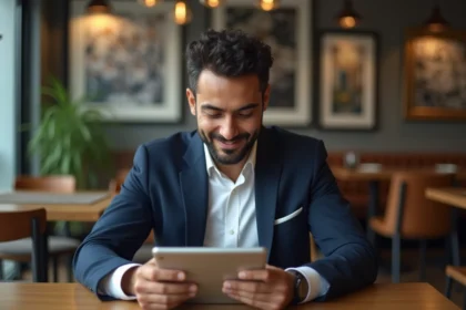 Homme moyen-orient en costume dans un café moderne