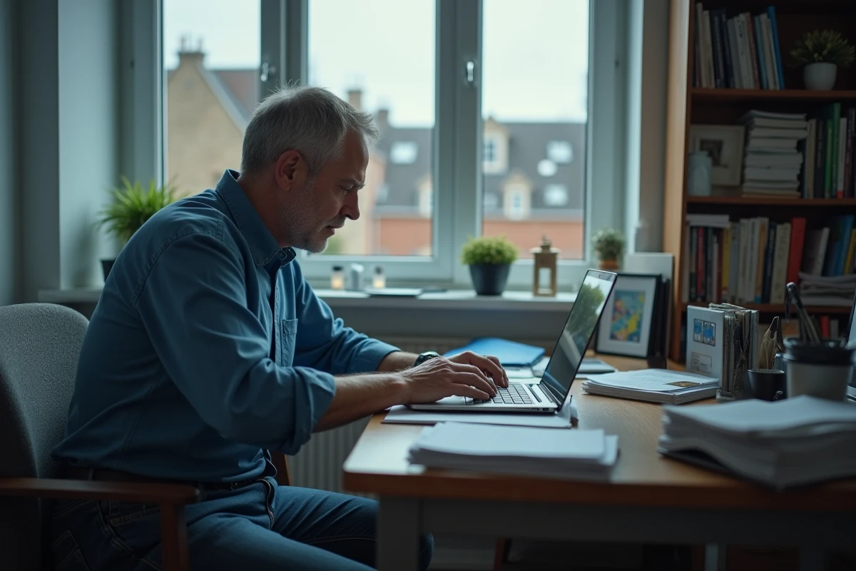 Homme seul rédigeant un avis en ligne sur son ordinateur portable, illustrant le témoignage numérique de la solitude de voisinage