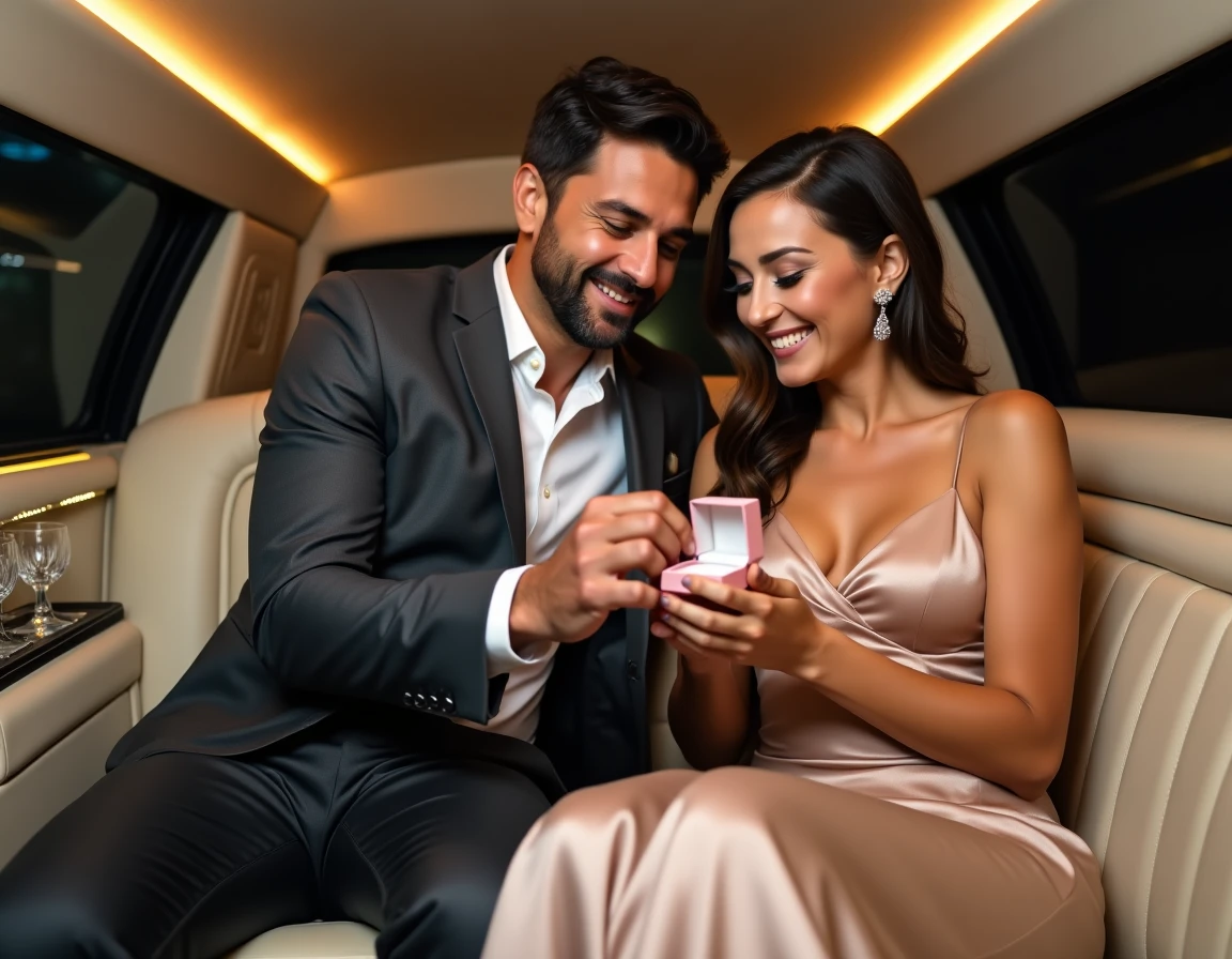 Couple à l'intérieur d'une limousine de luxe lors d'une demande en mariage romantique avec bague sur écrin de velours