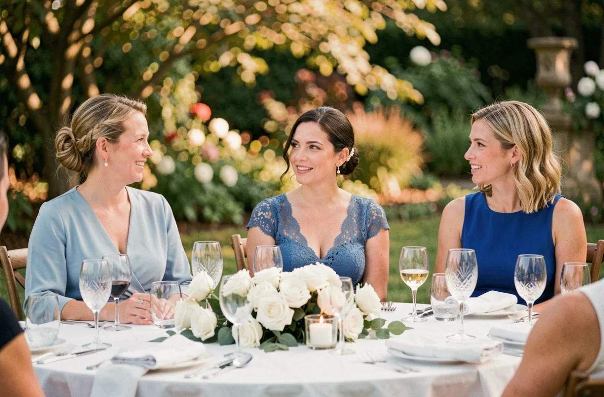 Trois femmes en robes bleues élégantes assises à une table de réception de mariage en plein air