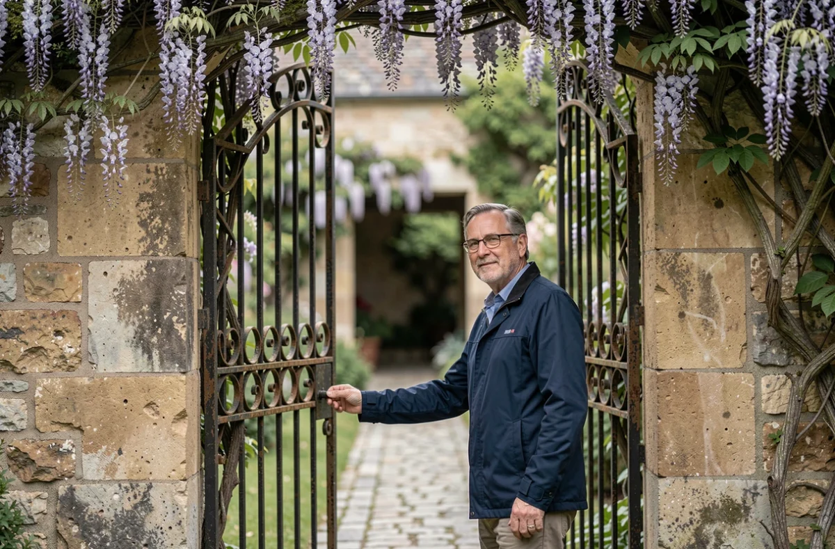 Homme protégeant l'entrée d'un jardin privé derrière une grille en fer forgé dans un mur en pierre recouvert de glycine