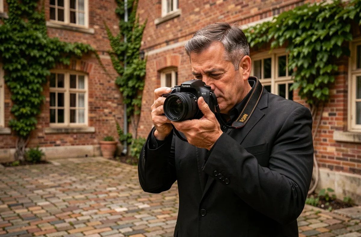 JBM France Photographie évaluant ses prises de vue dans la cour d'un manoir en briques du Pas-de-Calais