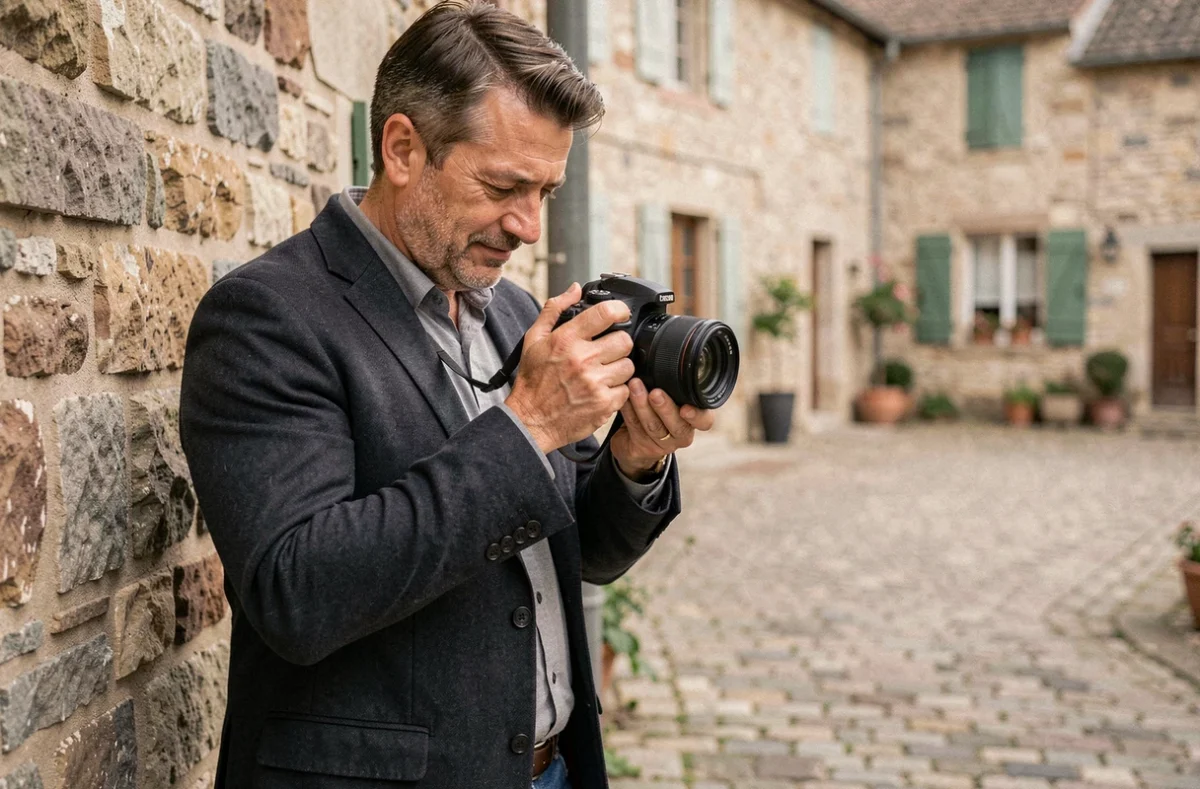 Photographe Jérôme Dieval consultant ses clichés de mariage près d'un mur en pierre dans le Pas-de-Calais