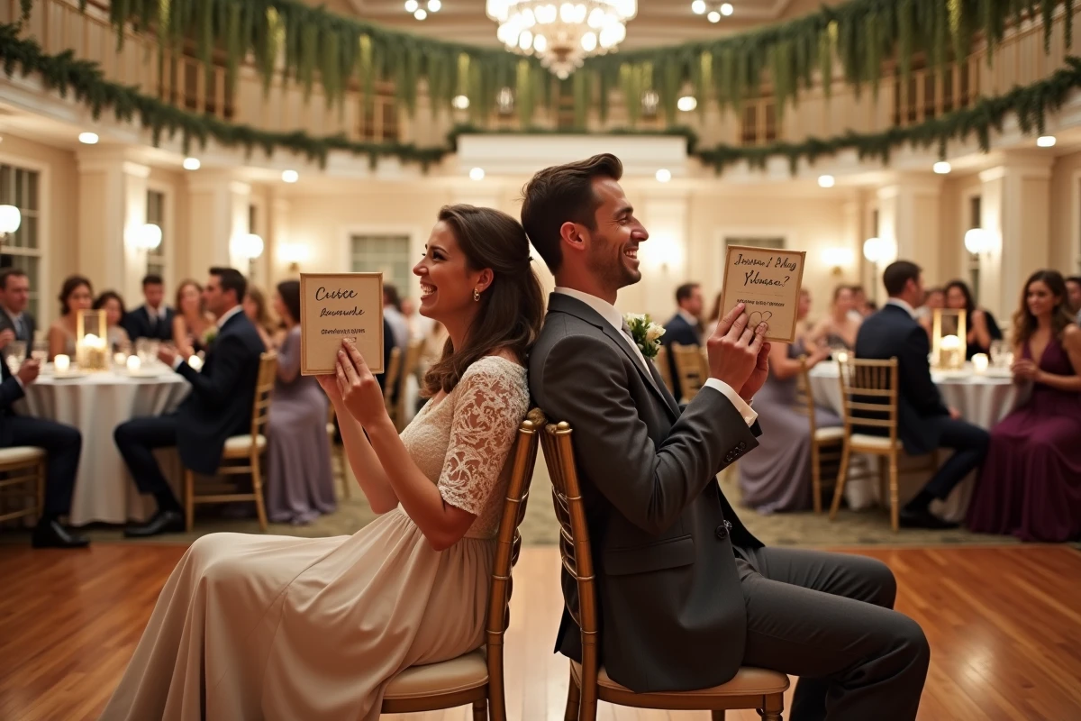 Couple de mariés jouant au jeu des devinettes assis dos à dos lors d'une réception de mariage en salle