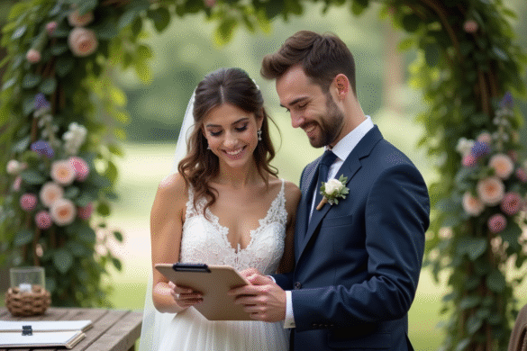 Jeune couple de mariés vérifiant une checklist en extérieur