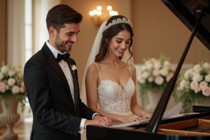 Jeune couple en mariage près d’un piano dans une salle élégante