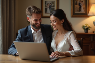 Jeune couple en tenue de mariage regardant un diaporama ensemble