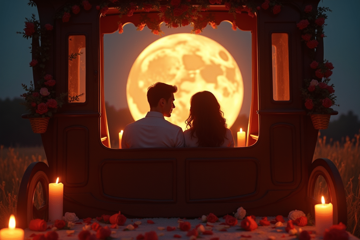 Jeune couple dans une calèche ancienne sous la lune pleine