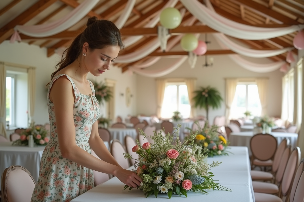 Jeune femme disposant un centre de fleurs naturelles