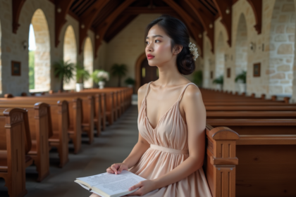 Jeune femme en robe pastel dans une chapelle pour un mariage