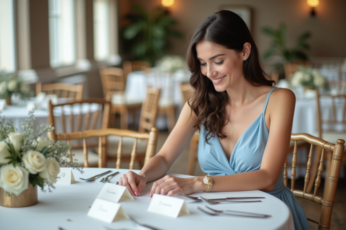 Jeune femme arrangeant des cartes de nom pour un mariage