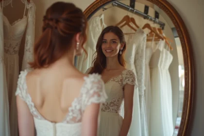 Jeune femme souriante essayant une robe de mariage élégante