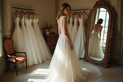 Jeune femme en robe de mariée dans une boutique parisienne