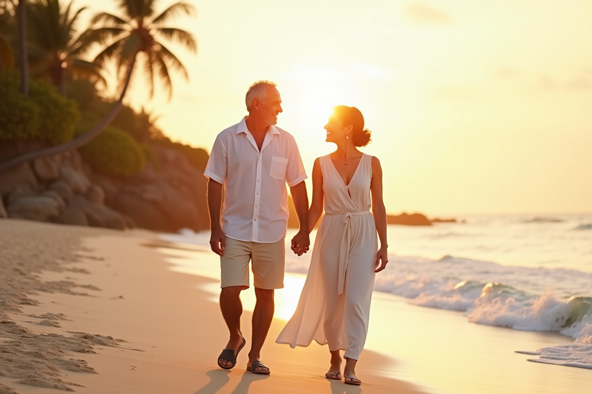 Jeune couple marié sur la plage au lever du soleil
