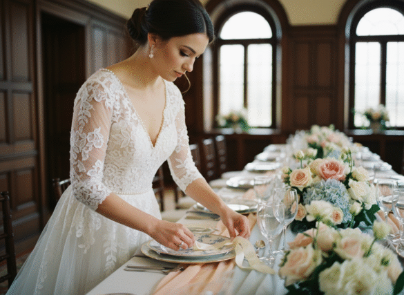Jeune mariée ajustant un ruban en soie sur une assiette vintage