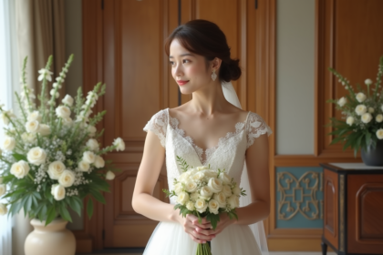 Jeune mariée en robe blanche tenant un bouquet de fleurs
