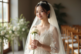 Jeune mariée en robe ivoire tenant une pivoine blanche