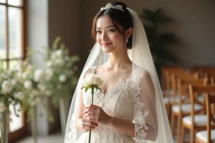 Jeune mariée en robe ivoire tenant une pivoine blanche