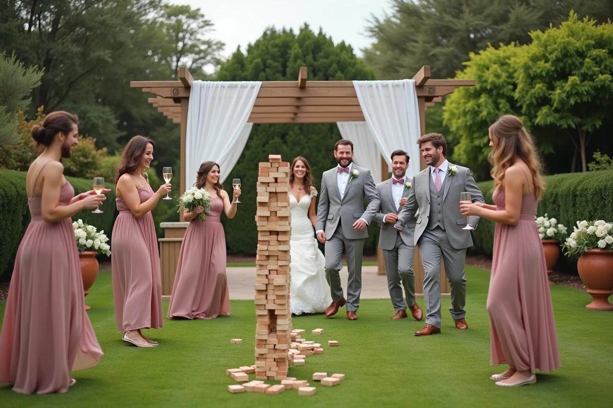 Invités de mariage jouant à un jeu géant en bois dans un jardin élégant avec les mariés en arrière-plan
