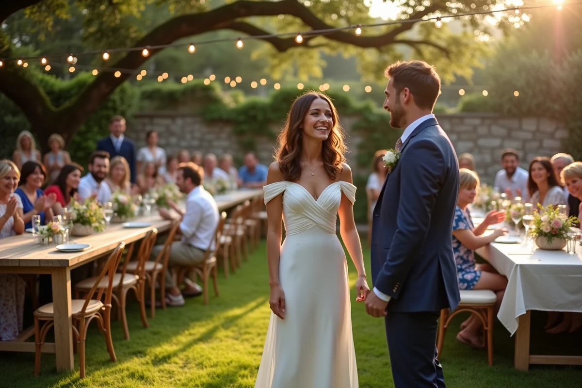 Mariés jouant à un jeu convivial avec leurs invités lors d'une réception de mariage en plein air à la campagne