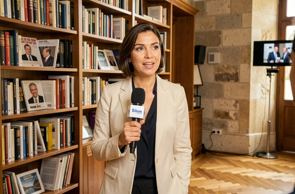 Journaliste féminine en blazer crème tenant un micro dans un studio médiatique parisien élégant