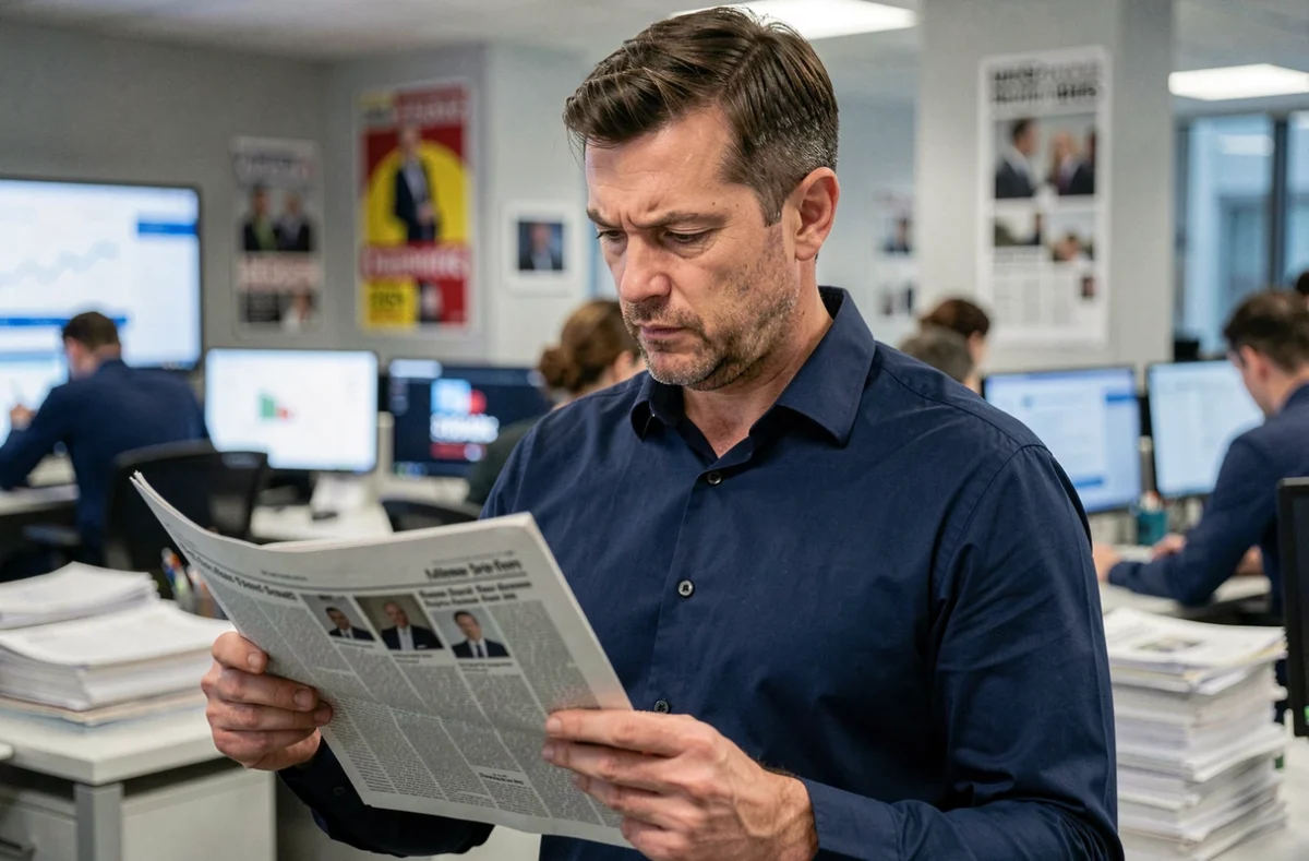 Journaliste en rédaction analysant un article de presse, symbolisant le traitement médiatique des informations personnelles sur les personnalités publiques